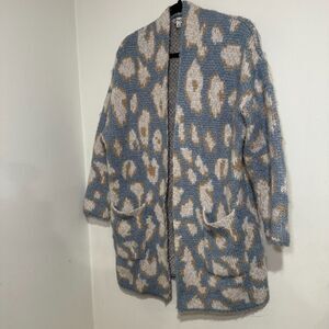 Davi & Dani Leopard Open Front‎ Long Sleeve Cardigan Pockets Shimmer Womens M